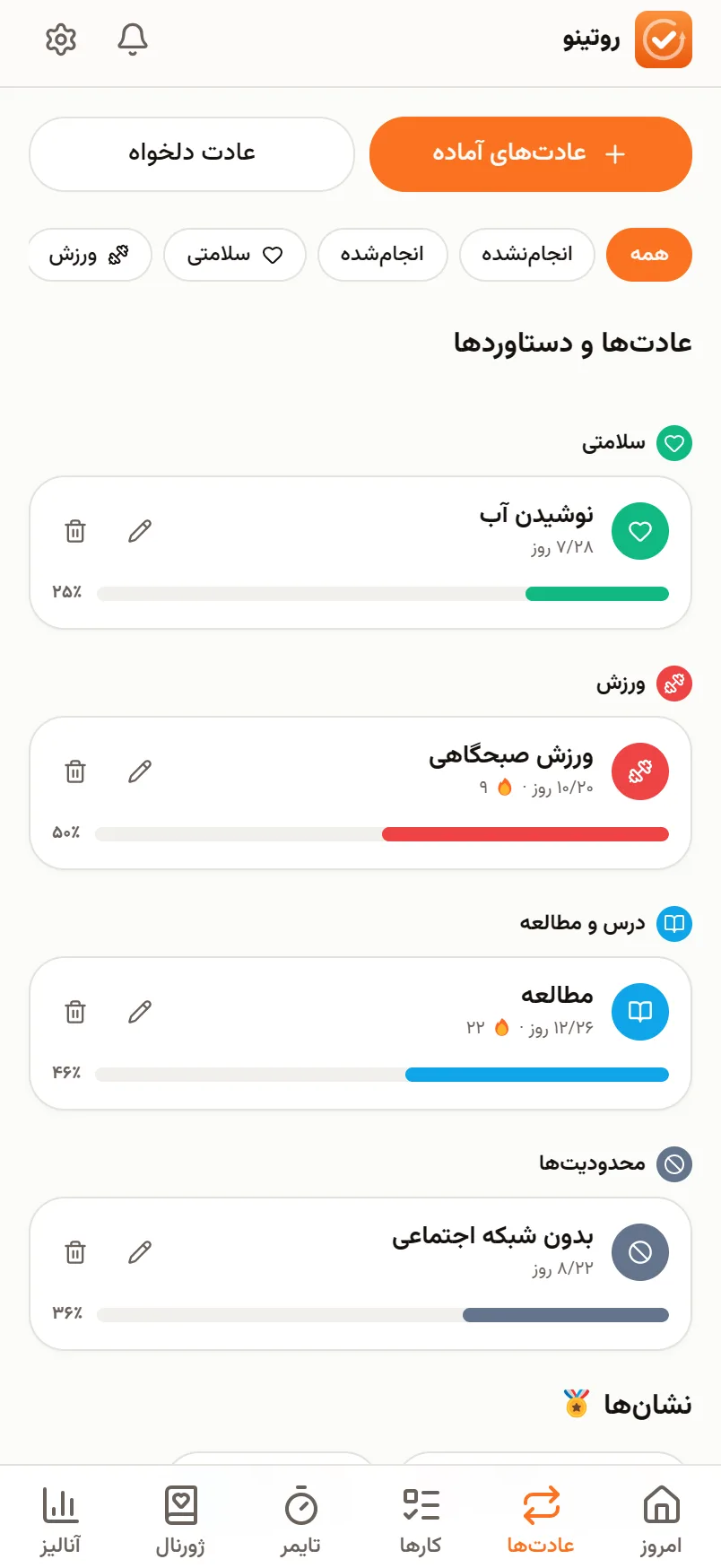 صفحه‌ی عادت‌ها: کارت هر عادت با استریک و پیشرفت ماهانه